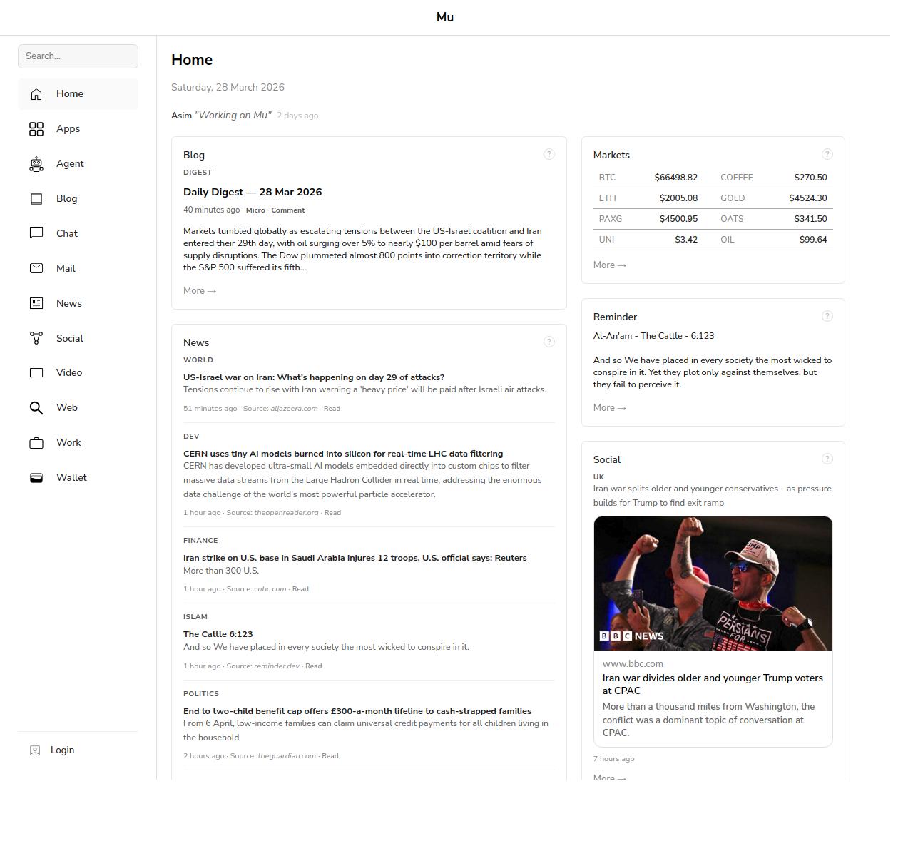 Micro app showing news, markets, blog, and video in one dashboard